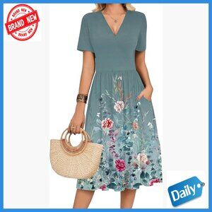 Women's Midi Dress with Pockets, V-Neck, Flowy A-Line, Casual Summer Wear